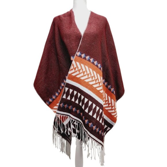 Loft Outlet Reversible Wrap Poncho With Fringe Geometric Print  one Size - Picture 2 of 12
